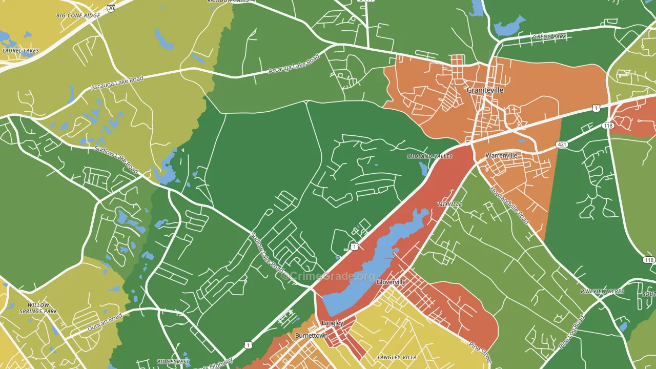 Langley, SC Map of Robbery Rates