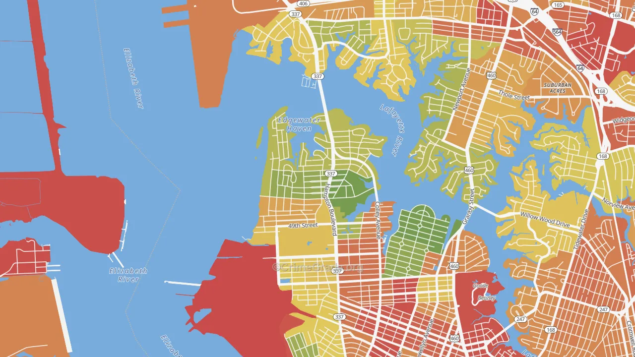 Larchmont-Edgewater, Norfolk, VA Map of Robbery Rates