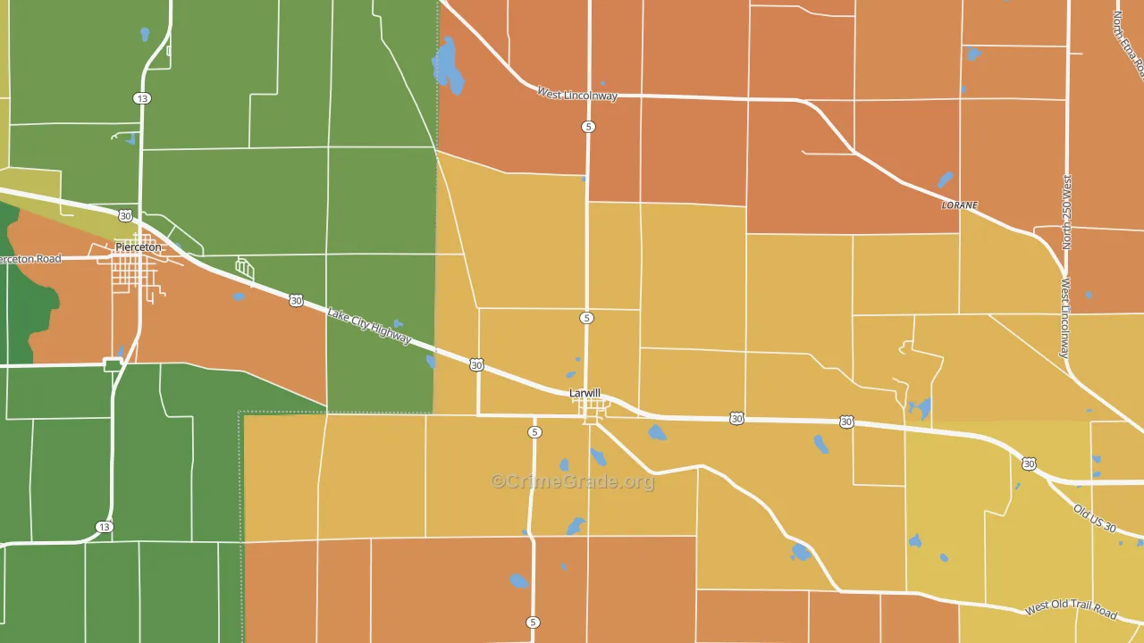 Larwill, IN Map of Robbery Rates
