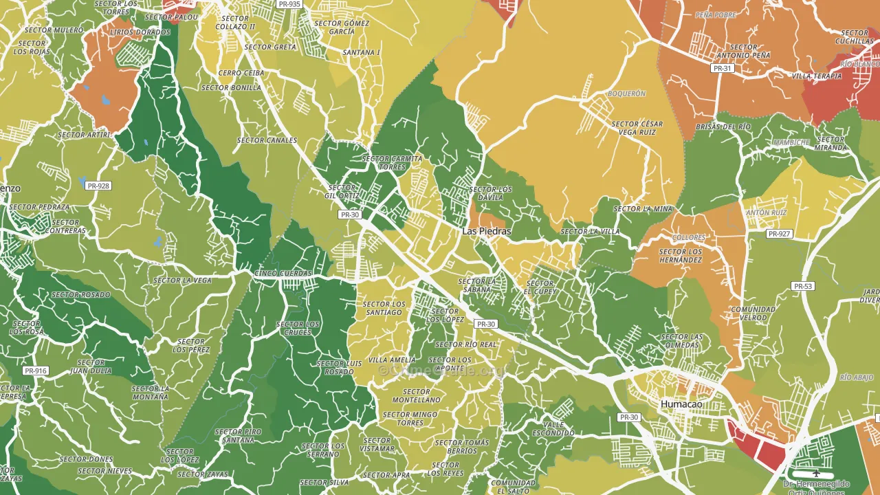 Las Piedras Municipio, PR Map of Robbery Rates