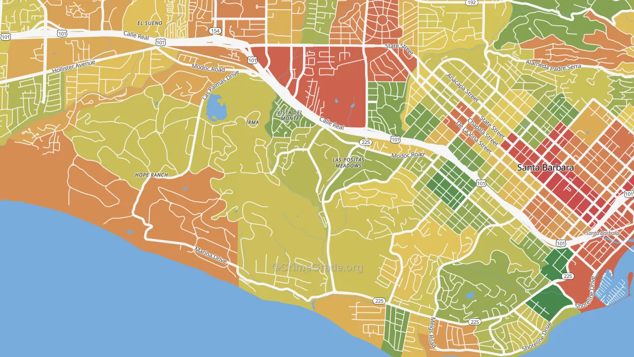 Las Positas, Santa Barbara, CA Map of Robbery Rates