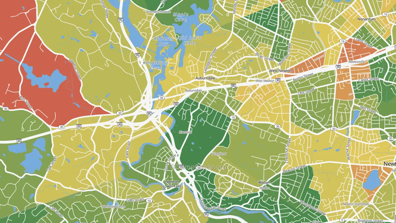 Lasell Village, Auburndale, MA Map of Robbery Rates