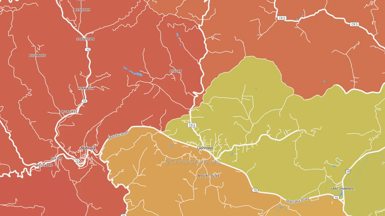 Lashmeet, WV Map of Robbery Rates