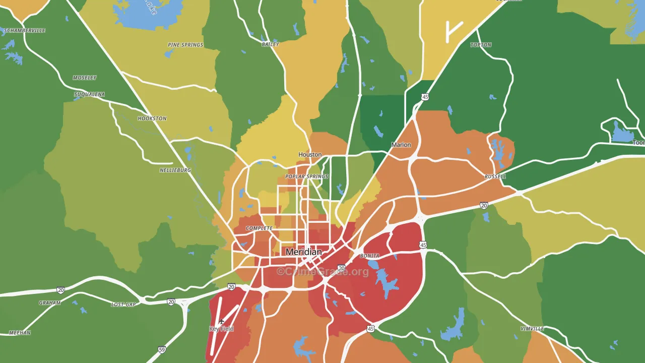 Lauderdale County, MS Map of Robbery Rates