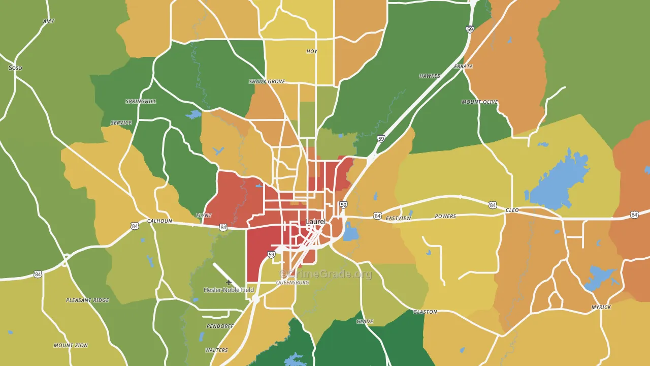 Laurel, MS Map of Robbery Rates