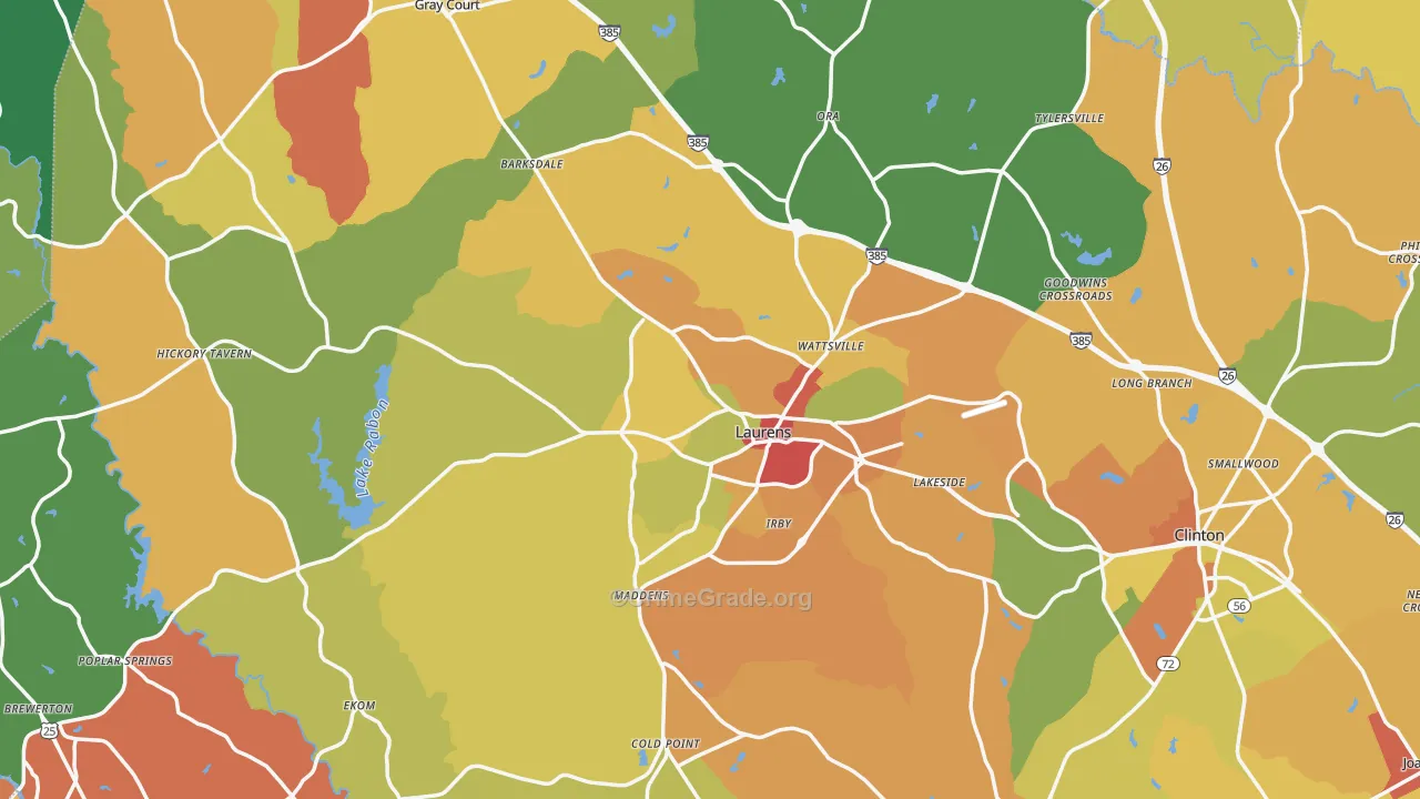 Laurens County, SC Map of Robbery Rates