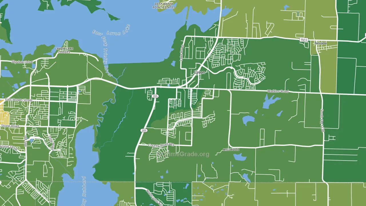 Lavon, TX Map of Robbery Rates