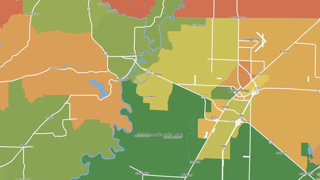 Lawrence County, AR Map of Robbery Rates