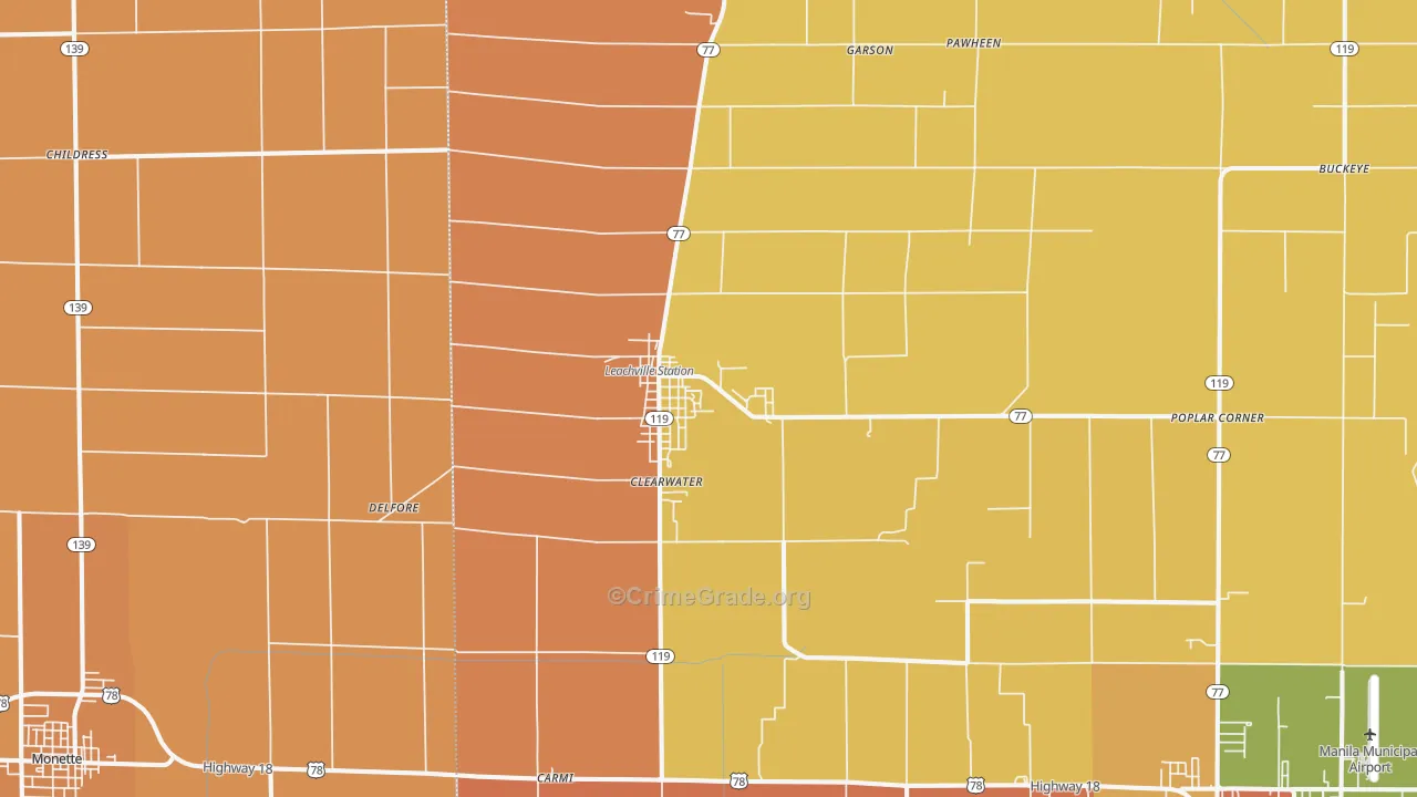 Leachville, AR Map of Robbery Rates