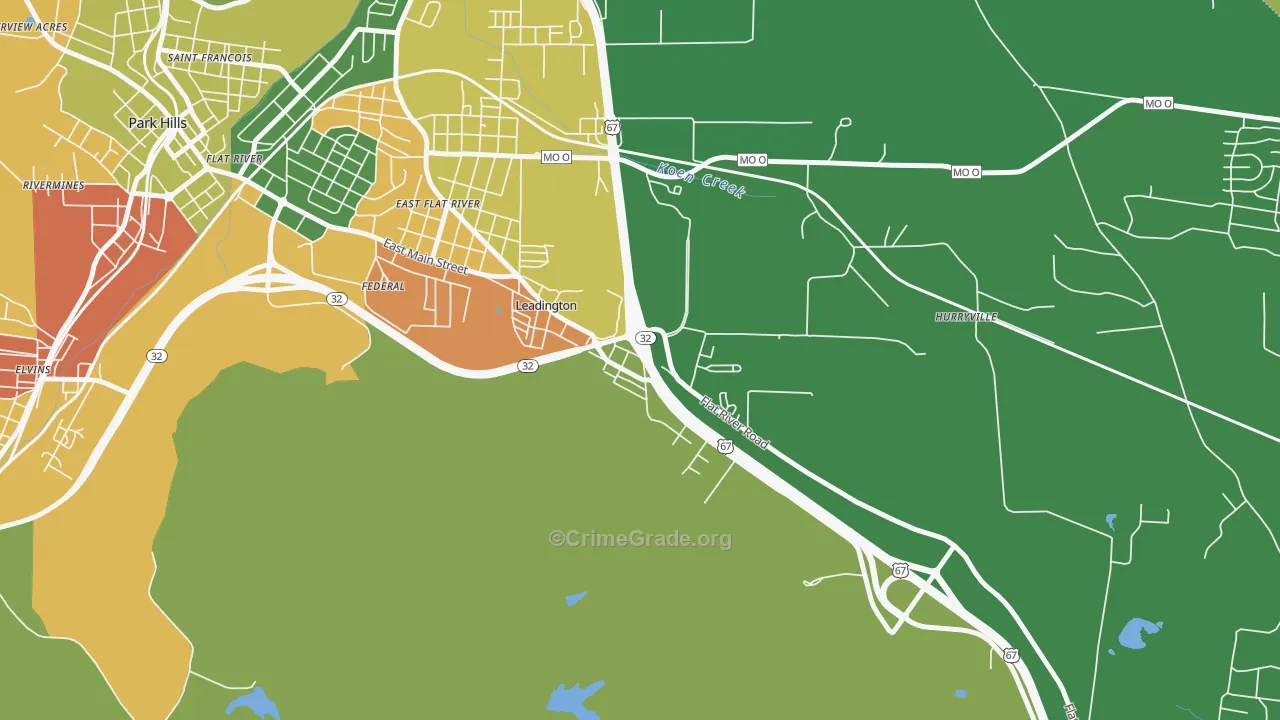 Leadington, MO Map of Robbery Rates