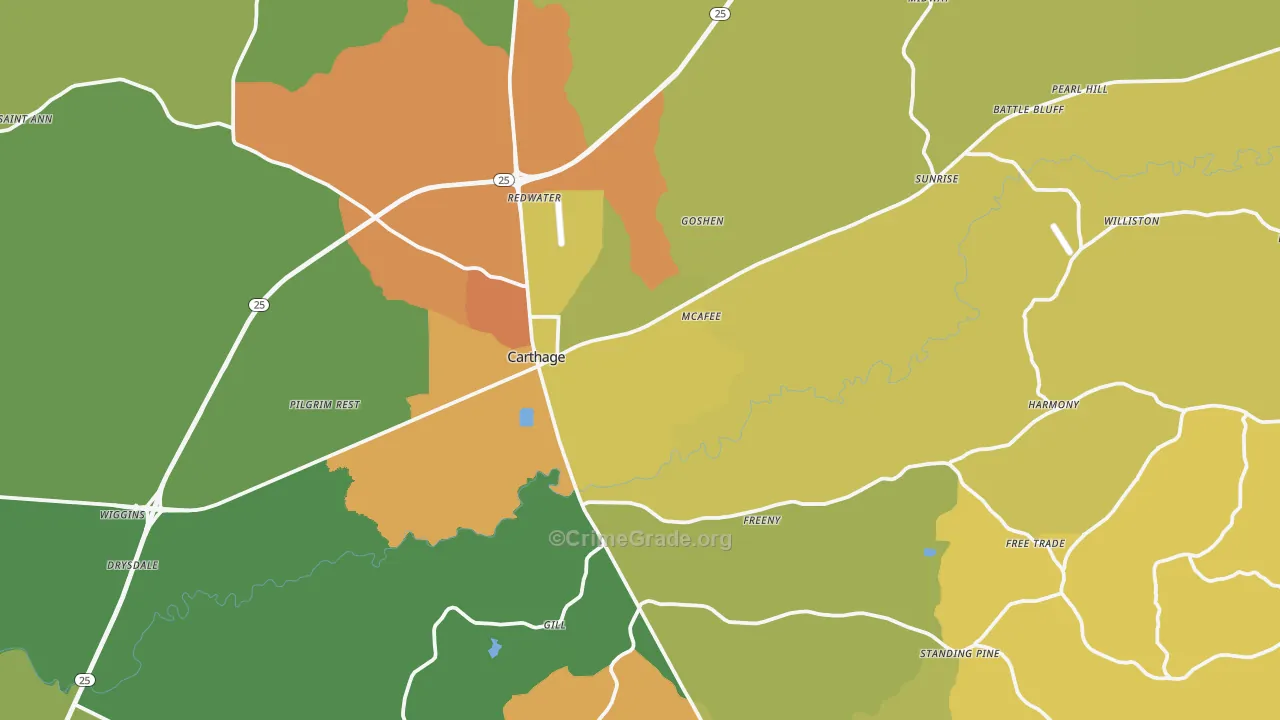 Leake County, MS Map of Robbery Rates
