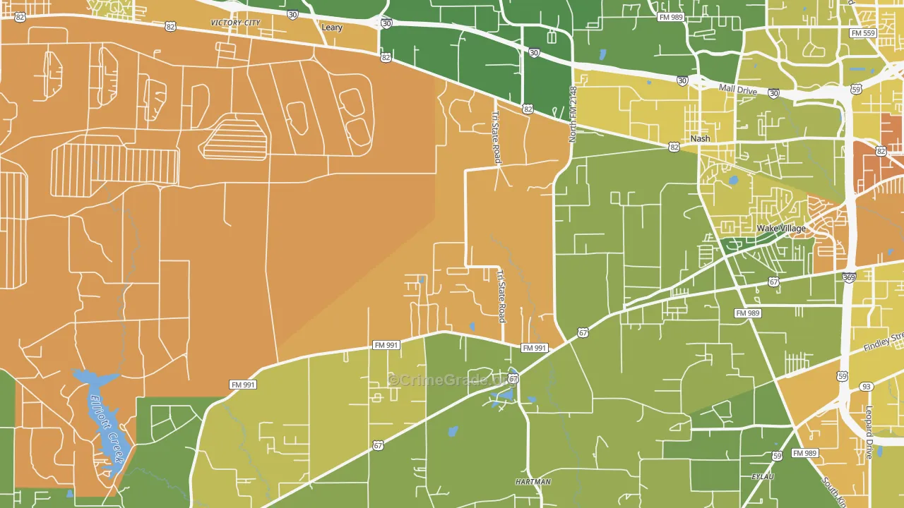 Leary, TX Map of Robbery Rates