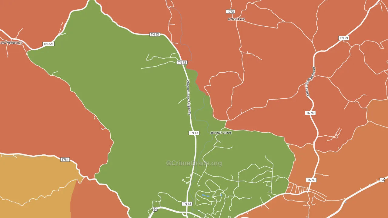 Leatherwood, TN Map of Robbery Rates