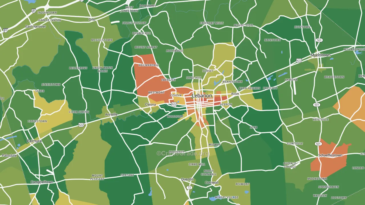 Lebanon County, PA Map of Robbery Rates