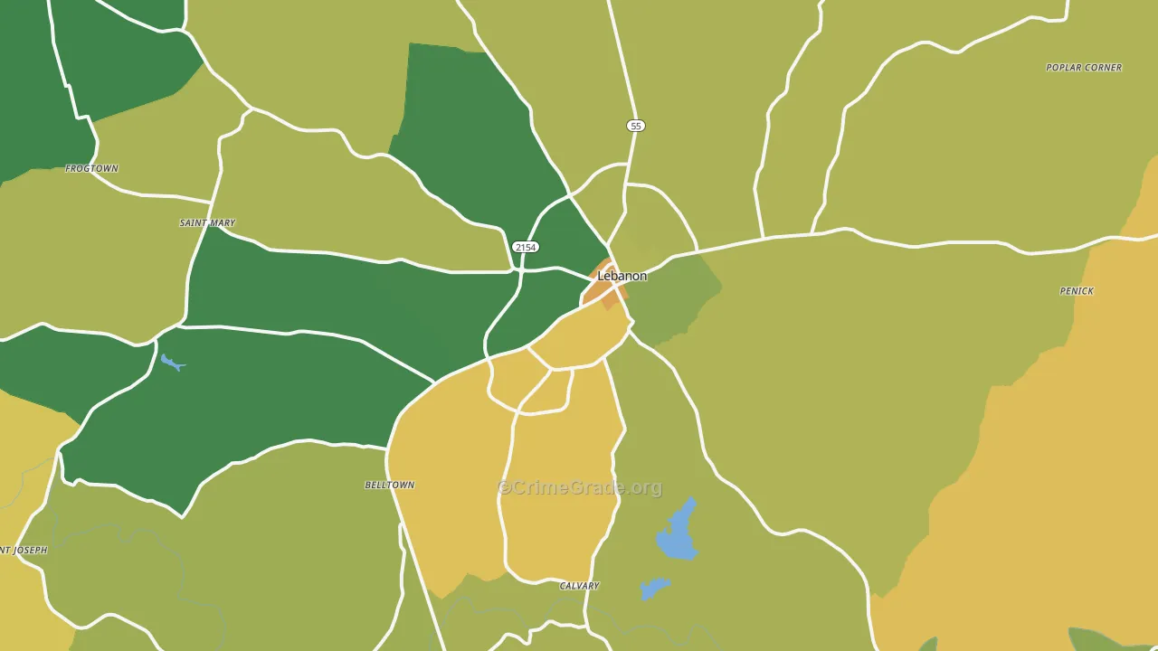 Lebanon, KY Map of Robbery Rates