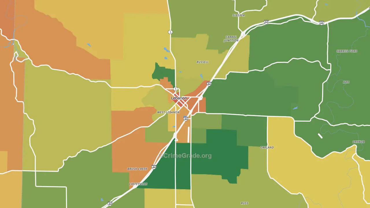 Lebanon, MO Map of Robbery Rates