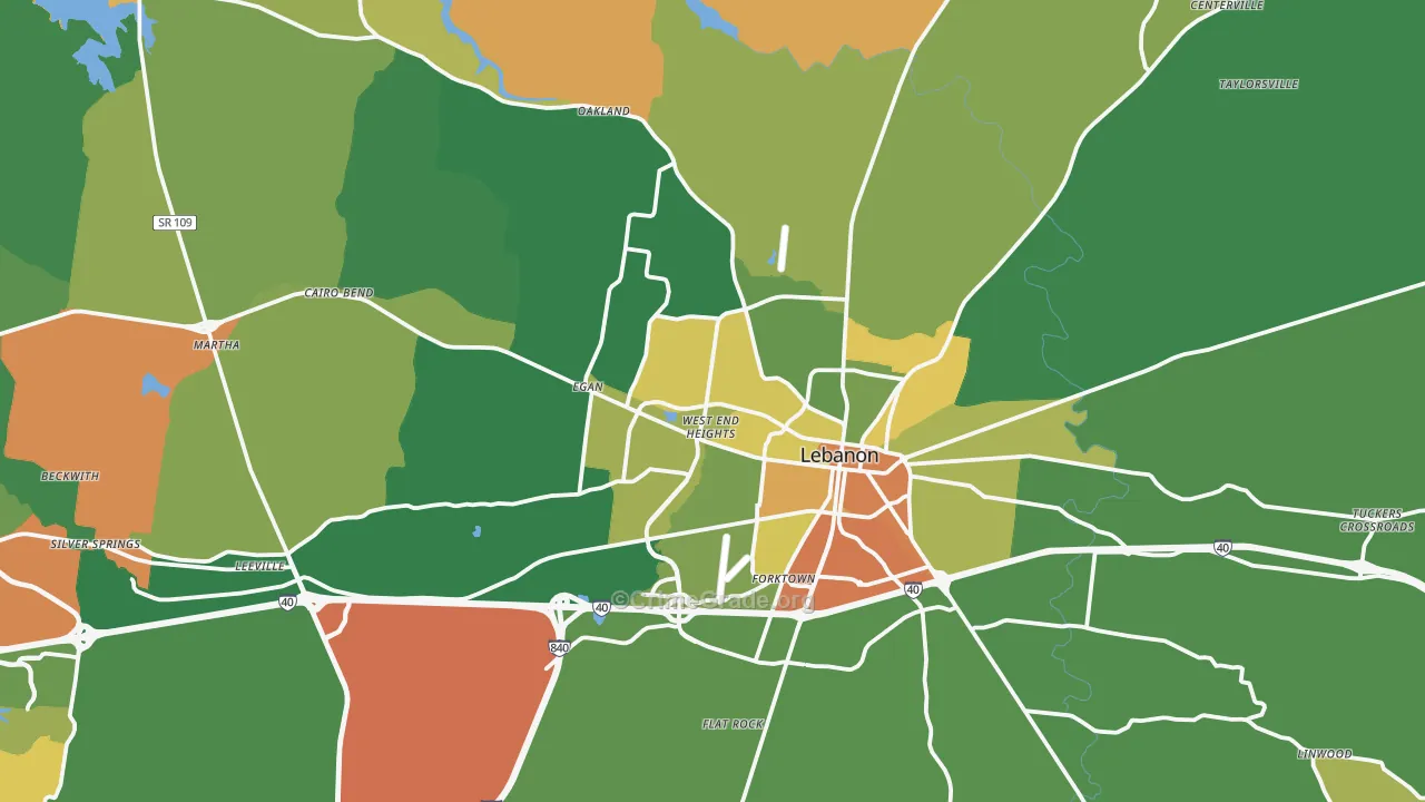 Lebanon, TN Map of Robbery Rates