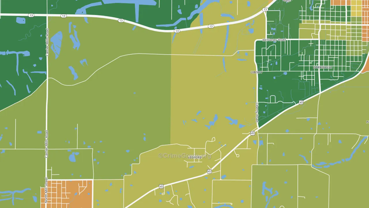 Ledford, IL Map of Robbery Rates