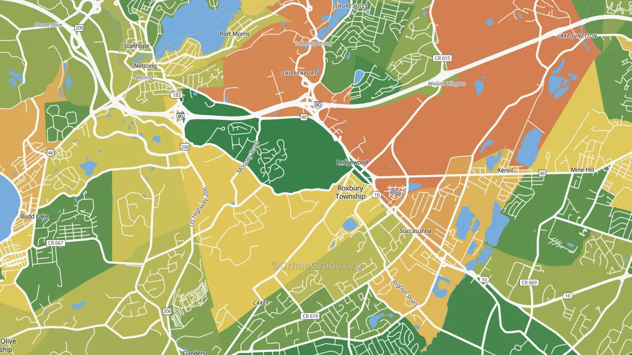 Ledgewood, NJ Map of Robbery Rates