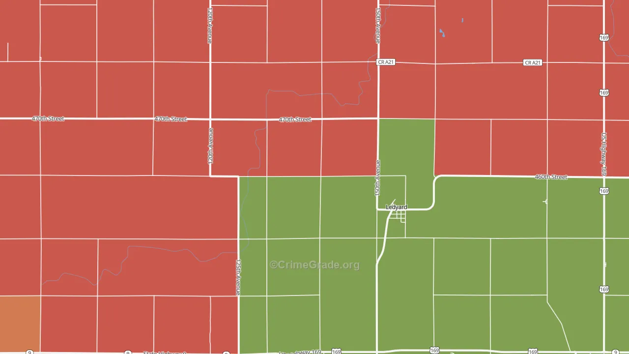 Ledyard, IA Map of Robbery Rates