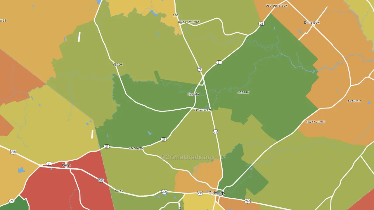 Lee County, TX Map of Robbery Rates