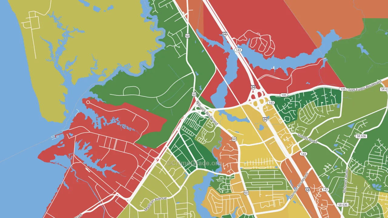 Lee Hall, Newport News, VA Map of Robbery Rates