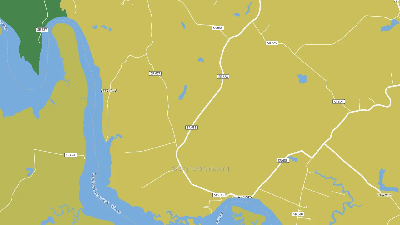 Leedstown, VA Map of Robbery Rates