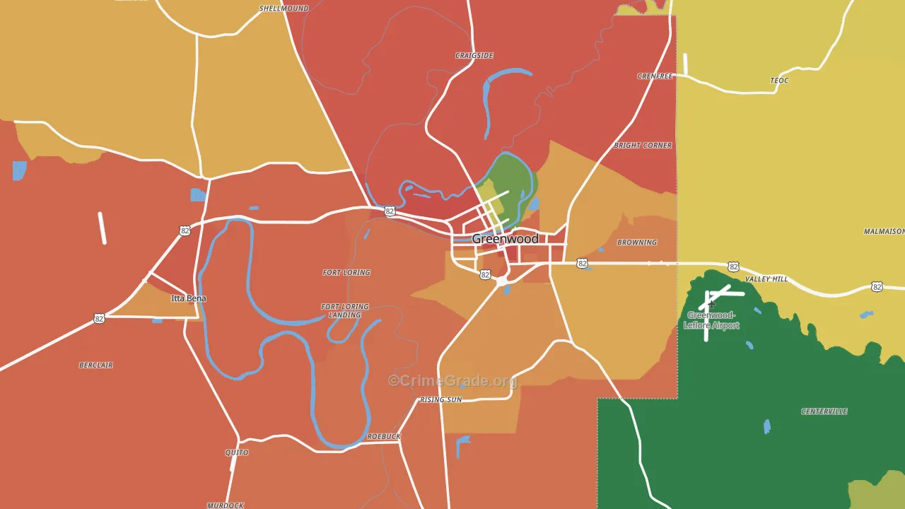 Leflore County, MS Map of Robbery Rates