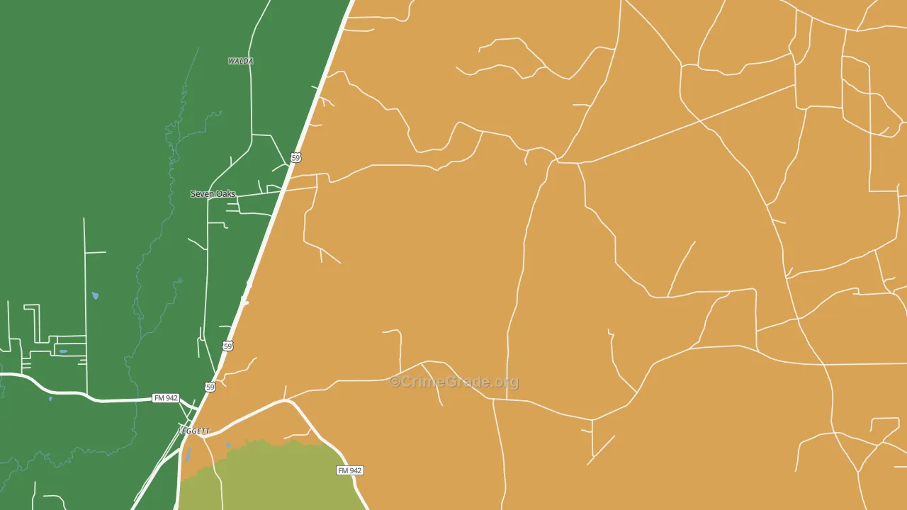 Leggett, TX Map of Robbery Rates