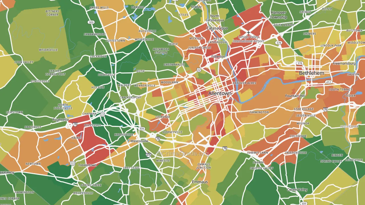 Lehigh County, PA Map of Robbery Rates