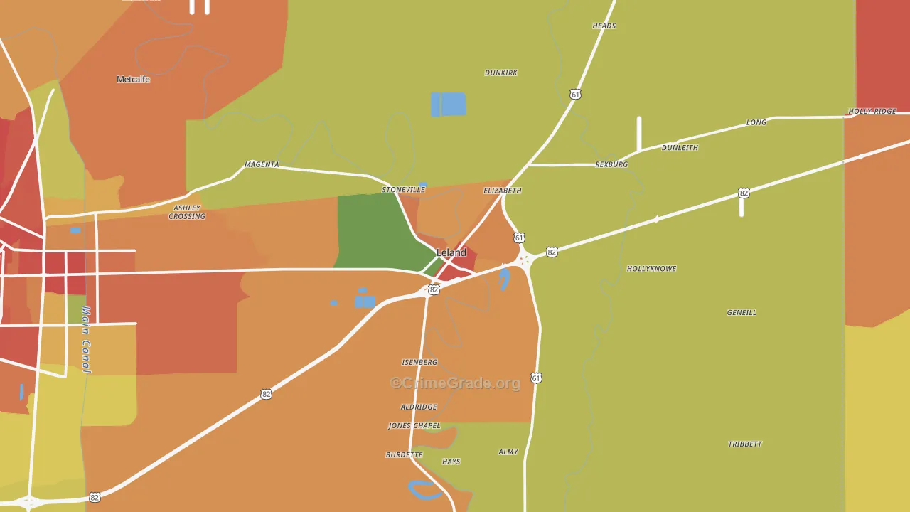 Leland, MS Map of Robbery Rates