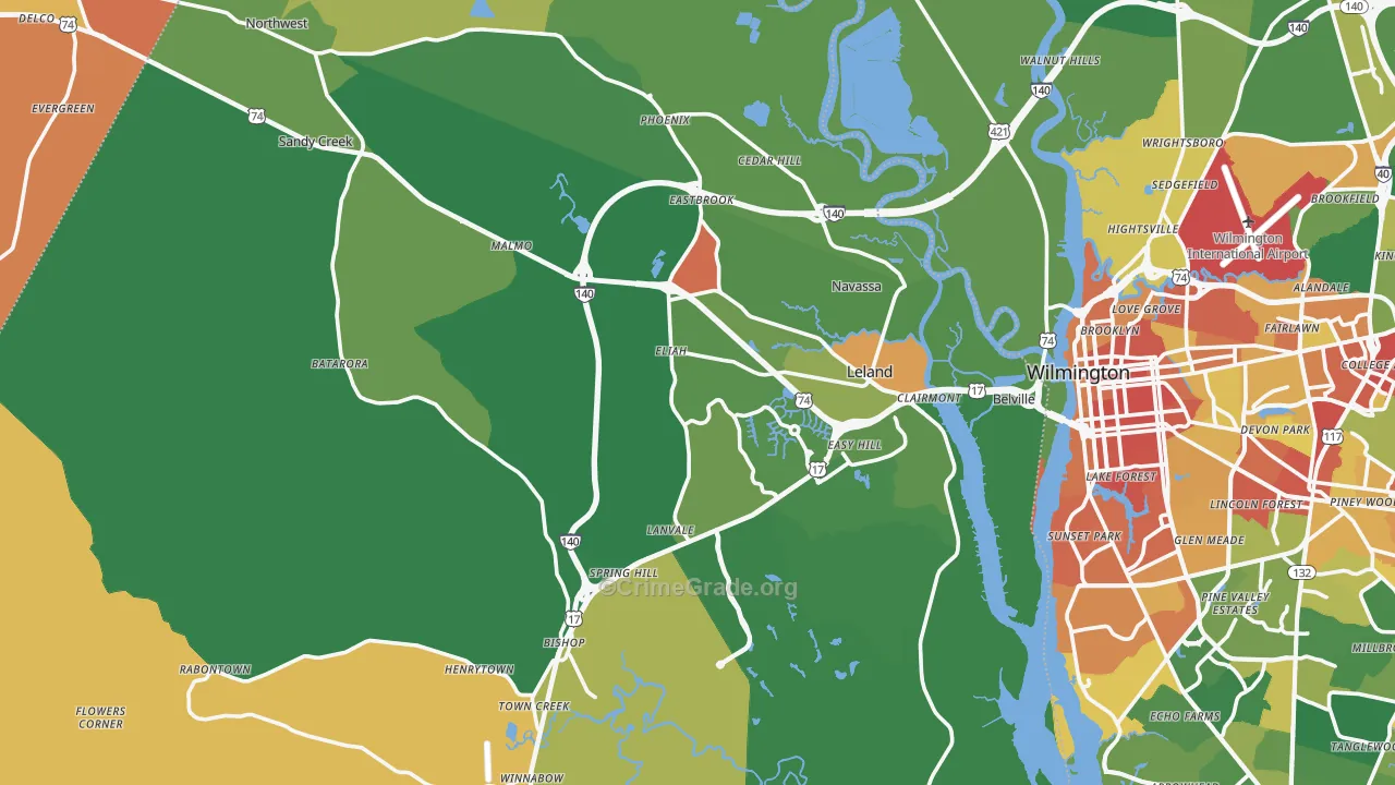 Leland, NC Map of Robbery Rates