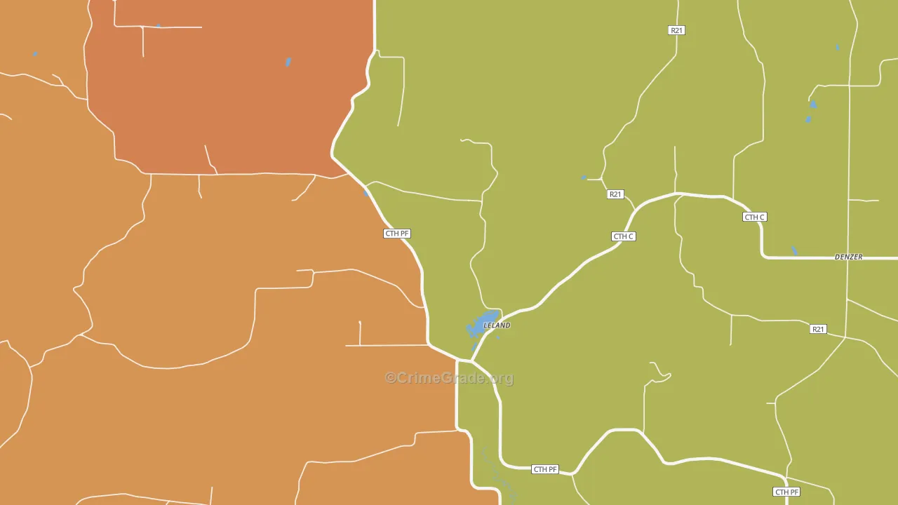 Leland, WI Map of Robbery Rates