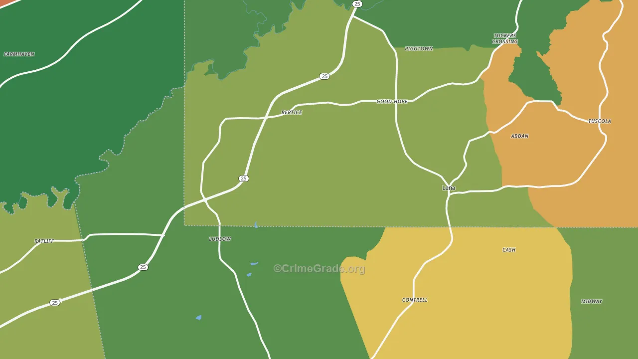 Lena, MS Map of Robbery Rates