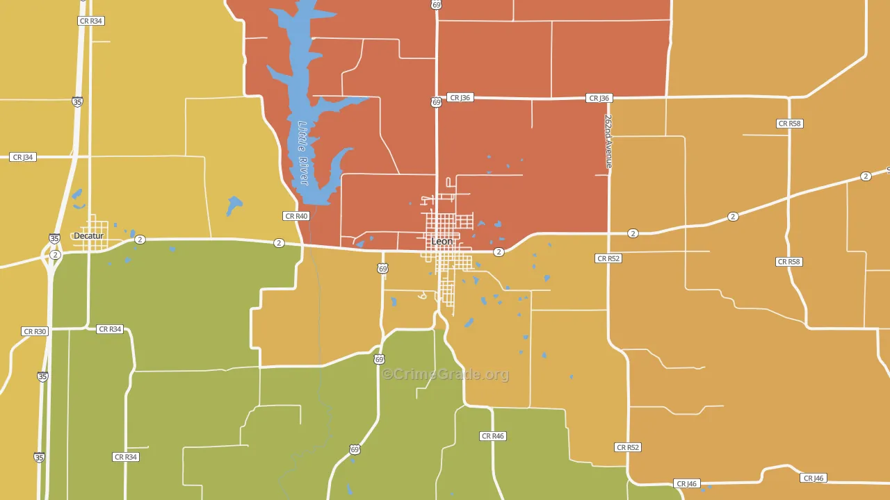 Leon, IA Map of Robbery Rates