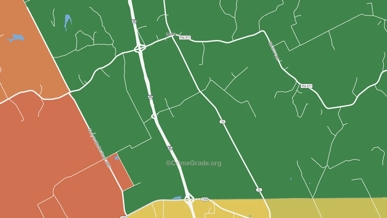Leona, TX Map of Robbery Rates