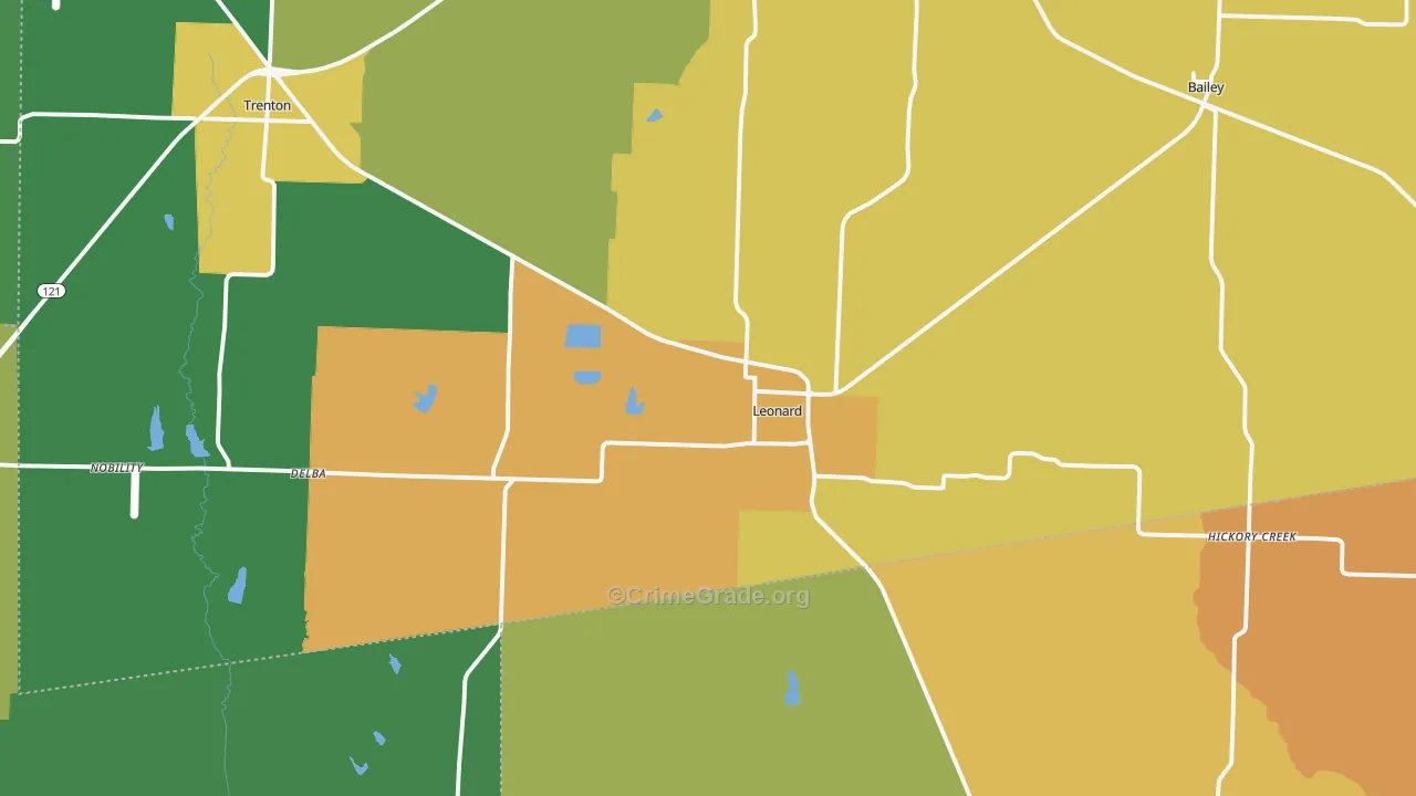 Leonard, TX Map of Robbery Rates