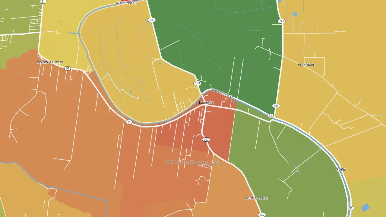 Leonville, LA Map of Robbery Rates
