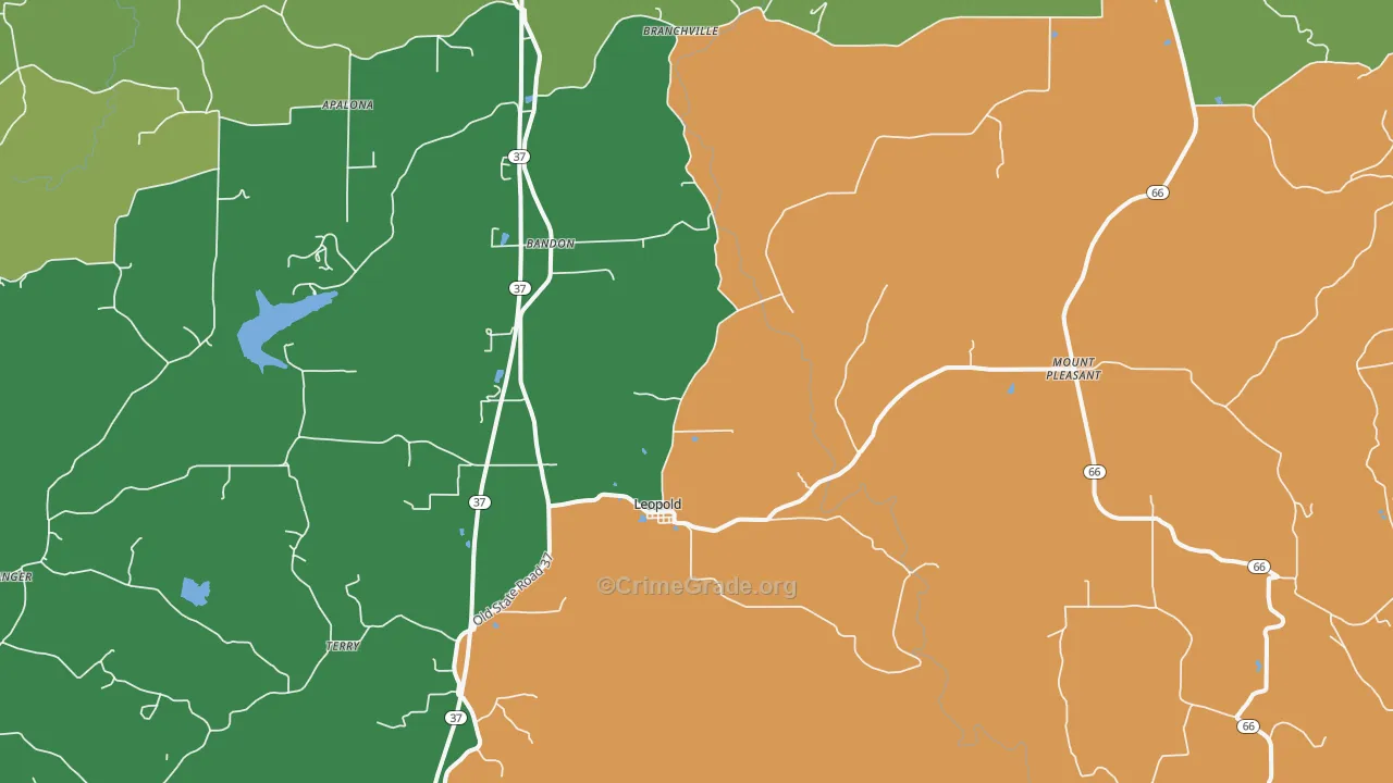 Leopold, IN Map of Robbery Rates