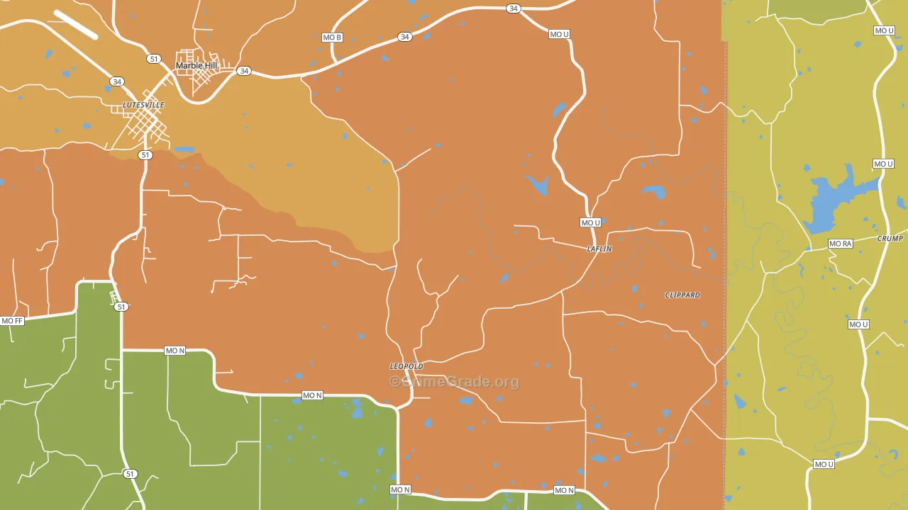 Leopold, MO Map of Robbery Rates