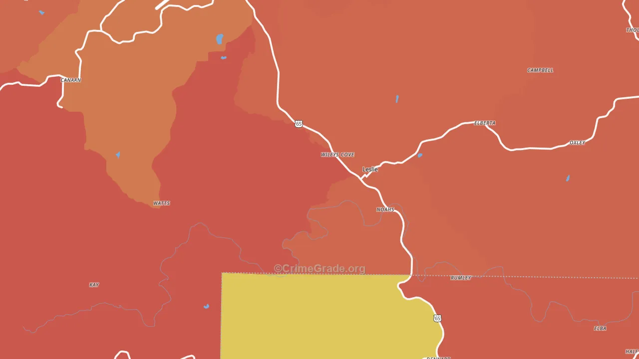 Leslie, AR Map of Robbery Rates