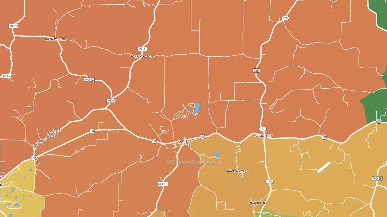 Leslie, MO Map of Robbery Rates