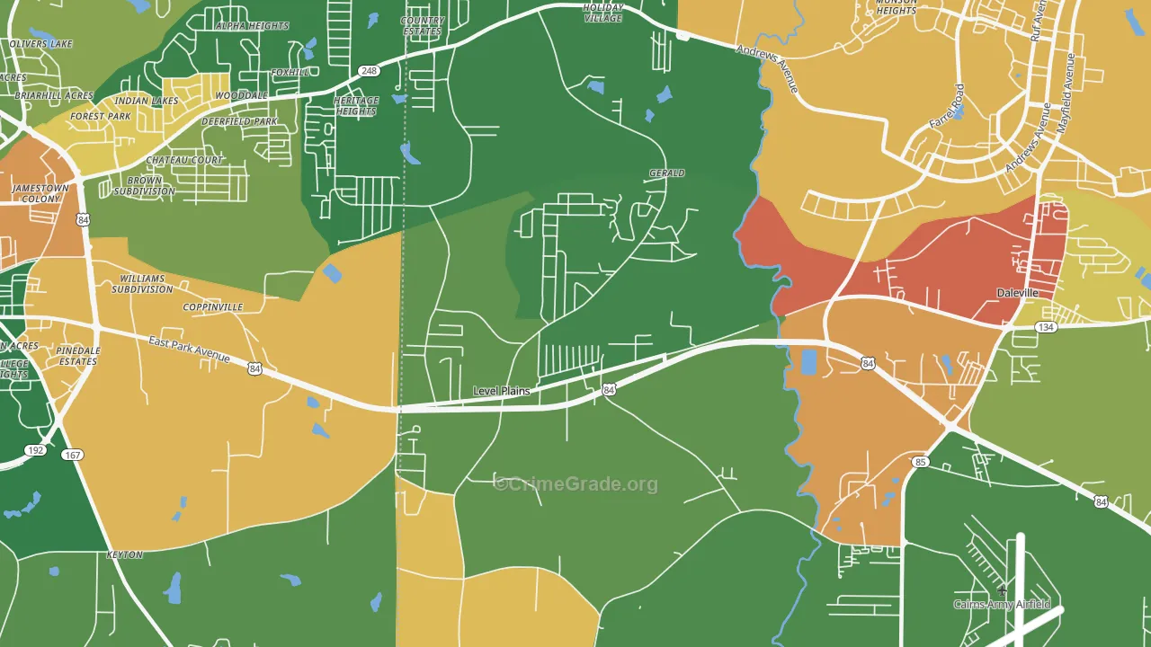 Level Plains, AL Map of Robbery Rates