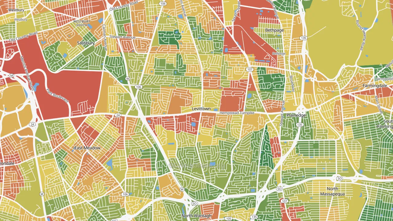 Levittown, NY Map of Robbery Rates