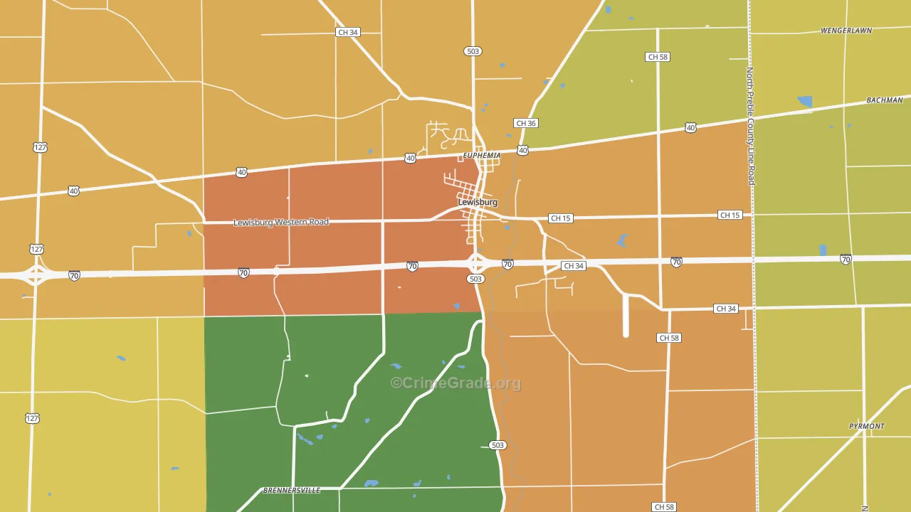 Lewisburg, OH Map of Robbery Rates