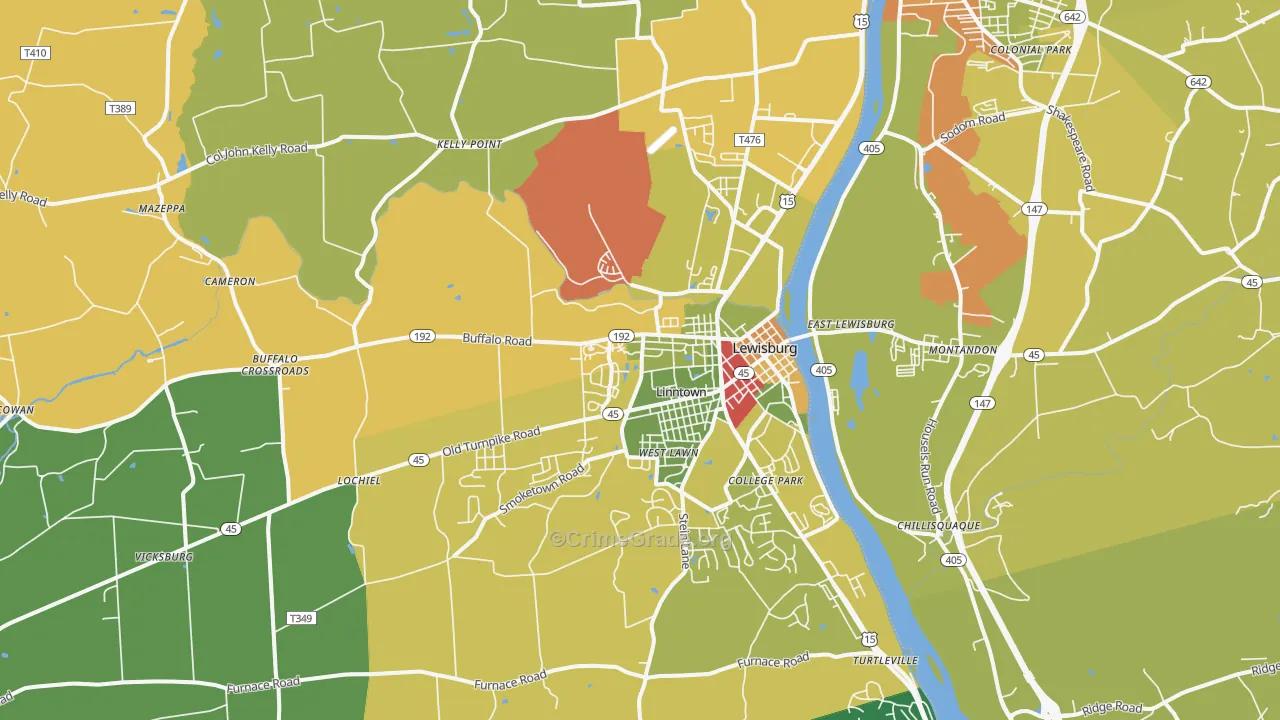 Lewisburg, PA Map of Robbery Rates