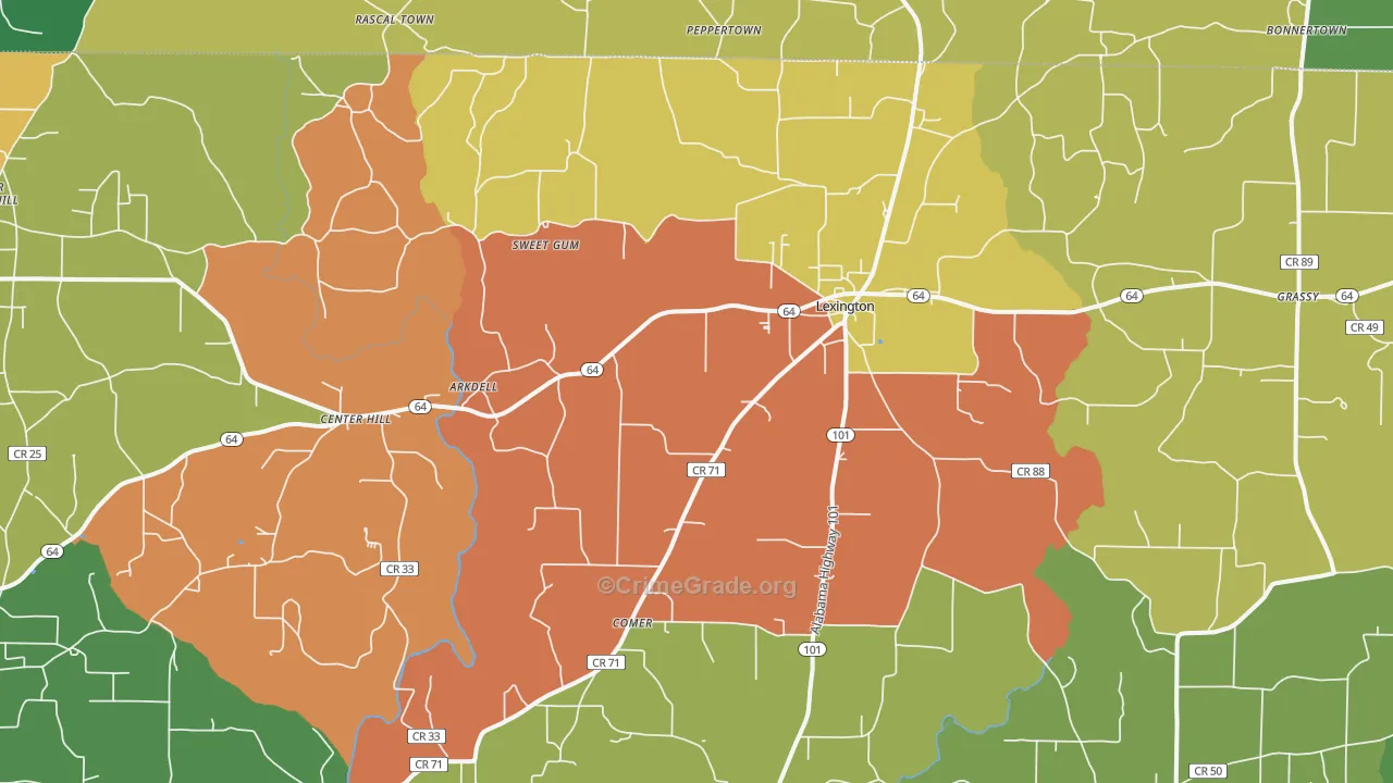 Lexington, AL Map of Robbery Rates