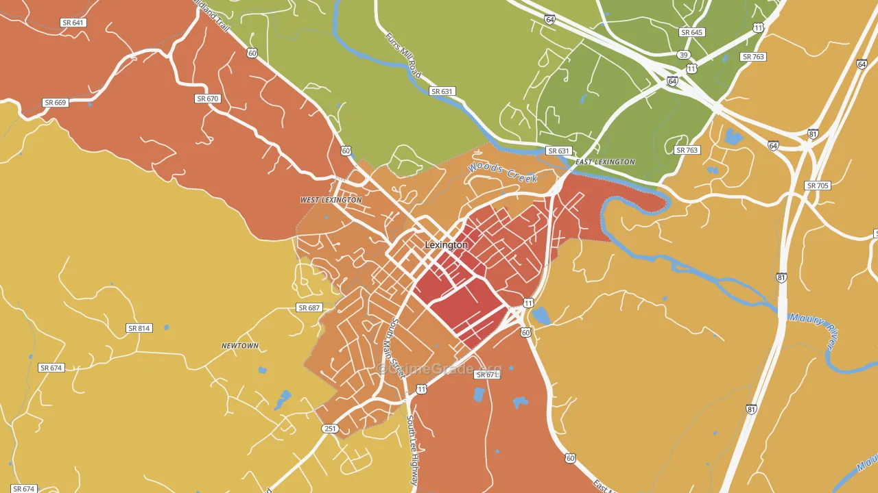 Lexington City, VA Map of Robbery Rates