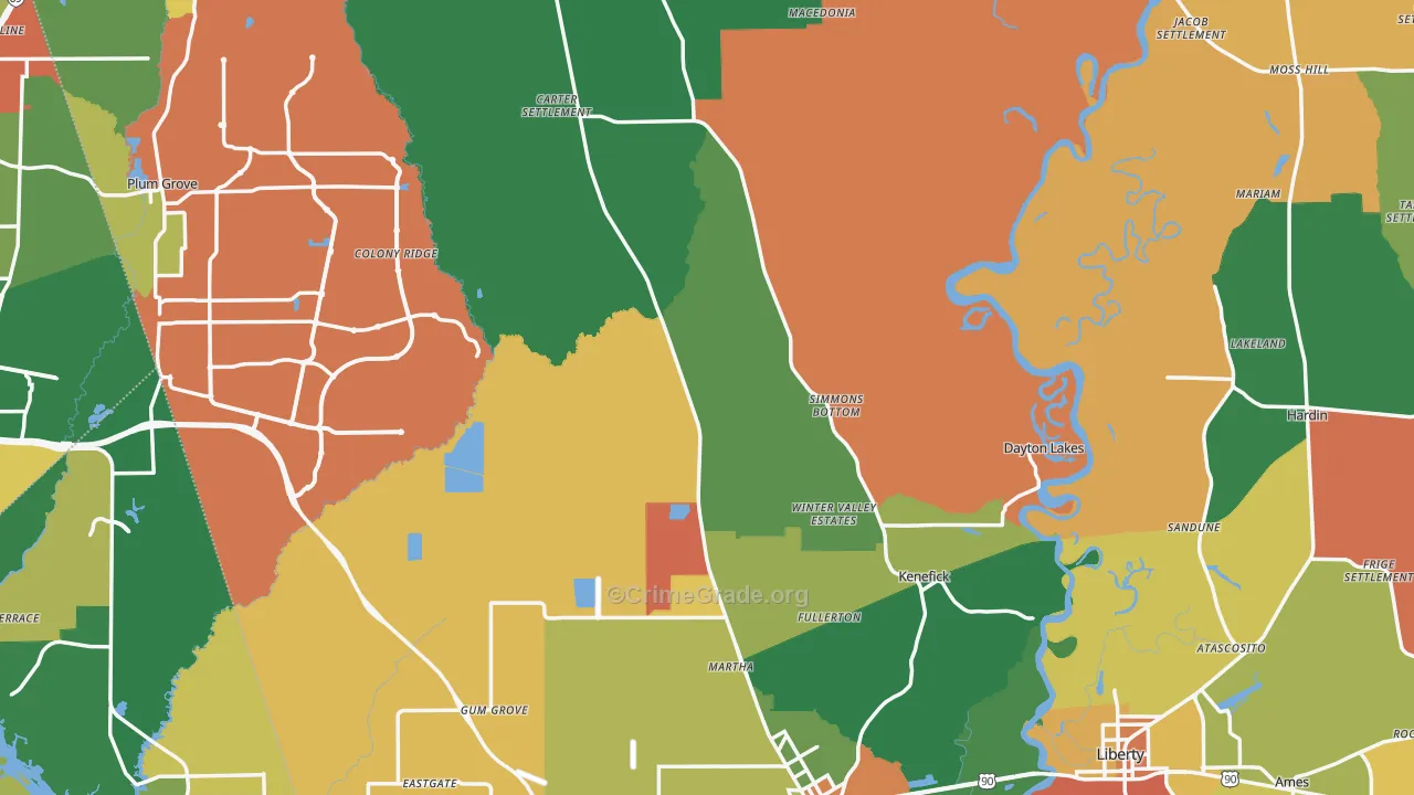 Liberty County, TX Map of Robbery Rates