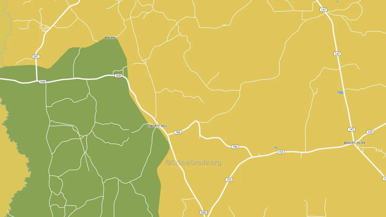 Liberty Hill, LA Map of Robbery Rates